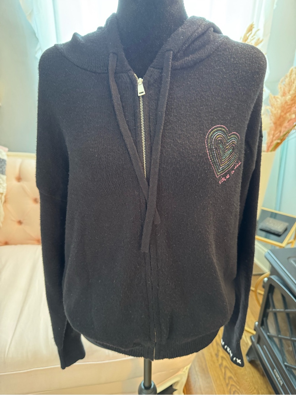 Aqua Black Hooded Zip Cardigan with Multicolor Embroidered Heart